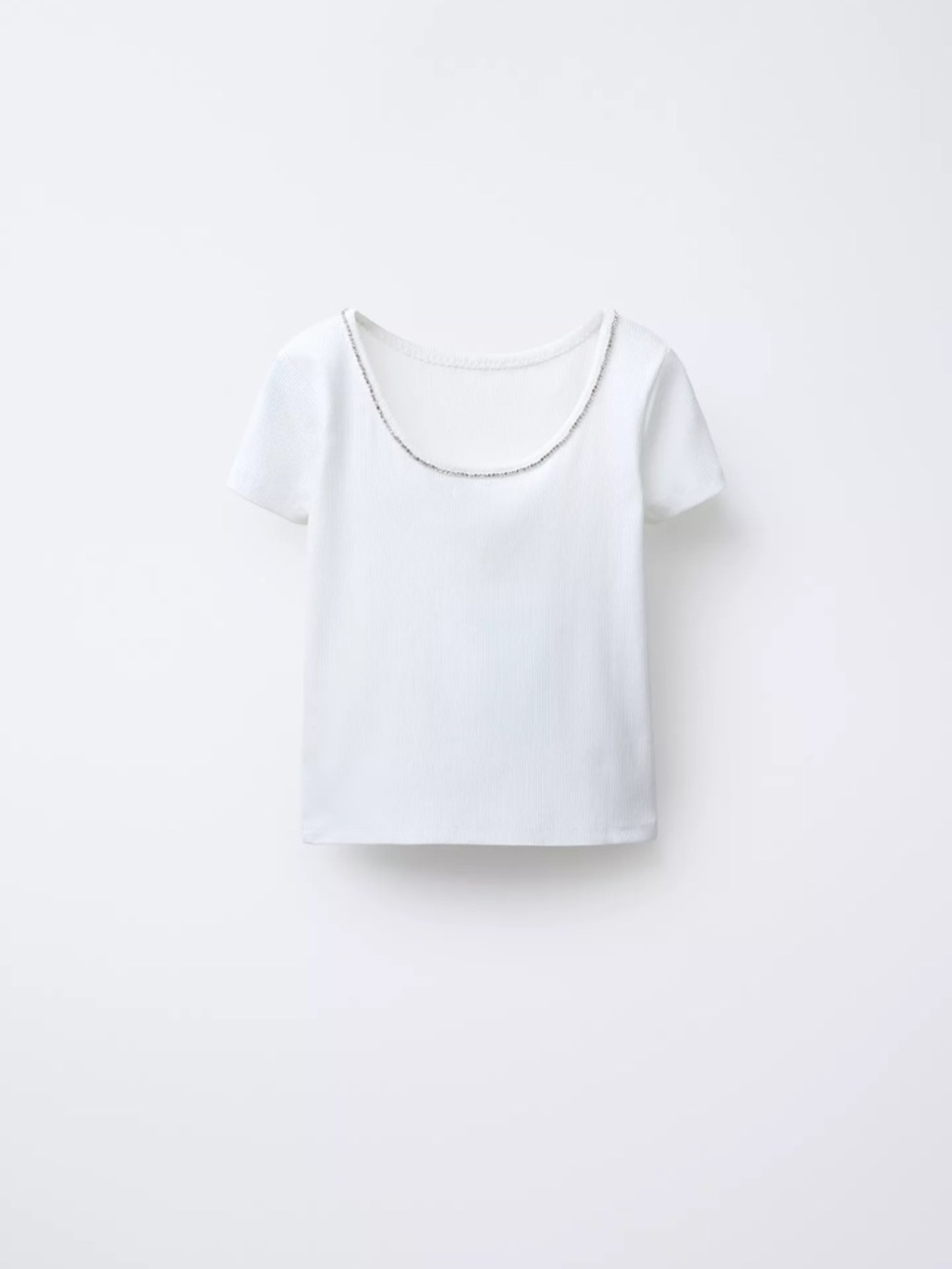 Zara Ivory Ribbed Short Sleeve Top with Rhinestone Trim